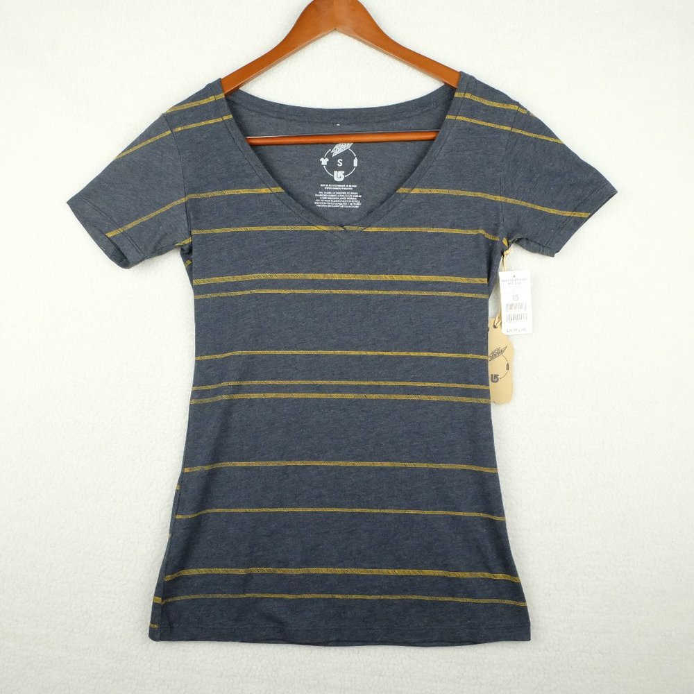 Mtn Dew Womens Shirt Top Small Gray Yellow Stripes V Neck Recycled Stretch
